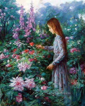 Mujer Painting - niña recogiendo flores